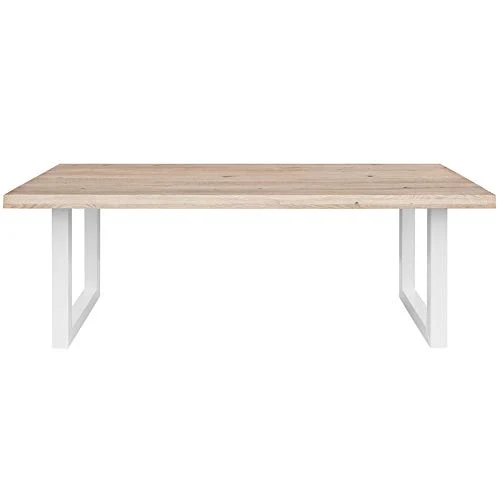 COMIFORT Table à Manger - Meuble de Salon Bureau Bureau Robuste et Moderne en Chêne Massif Blanchi avec Côté Ondulé, Pieds en Acier Blanc en U (220x100 cm)