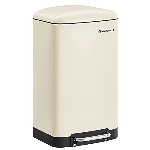 SONGMICS Poubelle 30L, avec pédale en Acier, Seau intérieur et Couvercle, poignée, Fermeture discrète, hermétique, pour Cuisine, Salon, Blanc Cassée LTB001A01
