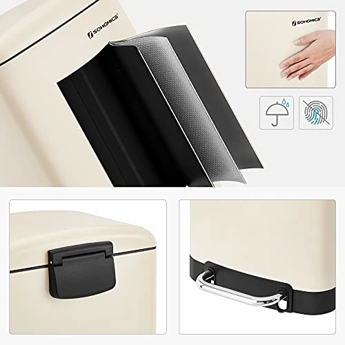 SONGMICS Poubelle 30L, avec pédale en Acier, Seau intérieur et Couvercle, poignée, Fermeture discrète, hermétique, pour Cuisine, Salon, Blanc Cassée LTB001A01
