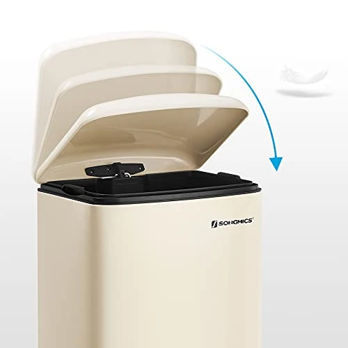 SONGMICS Poubelle 30L, avec pédale en Acier, Seau intérieur et Couvercle, poignée, Fermeture discrète, hermétique, pour Cuisine, Salon, Blanc Cassée LTB001A01