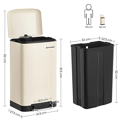 SONGMICS Poubelle 30L, avec pédale en Acier, Seau intérieur et Couvercle, poignée, Fermeture discrète, hermétique, pour Cuisine, Salon, Blanc Cassée LTB001A01
