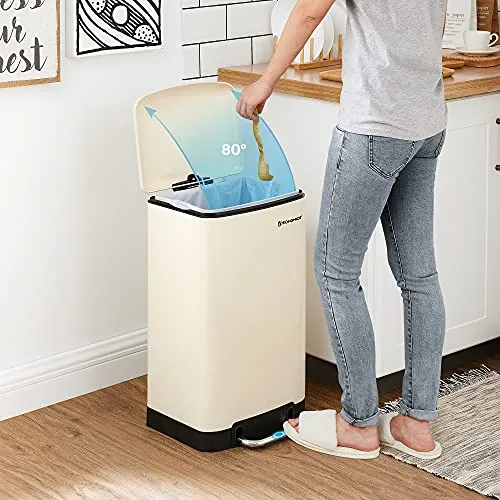 SONGMICS Poubelle 30L, avec pédale en Acier, Seau intérieur et Couvercle, poignée, Fermeture discrète, hermétique, pour Cuisine, Salon, Blanc Cassée LTB001A01