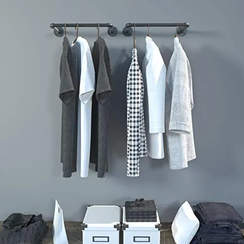 OROPY Tringle à vêtement Industriel, Lot de 2, Porte Manteaux Rétro 49cm, Penderie Murale Rail de Suspension Style Loft de Tuyau Barre en Métal (Deux Bases)