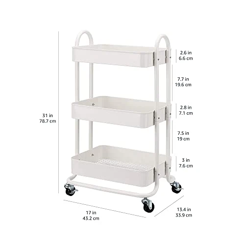 Amazon Basics Chariot de rangement à 3 niveaux pour la cuisine ou la buanderie avec roulettes - Blanc