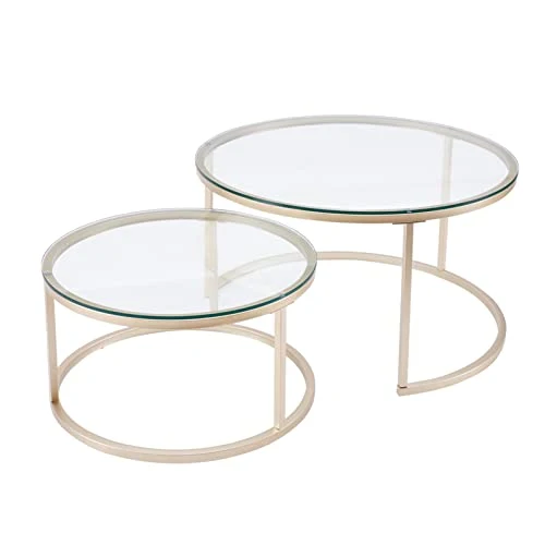 Huuryoudo Lot de 2 Tables Basses en Verre doré avec Structure en métal - Table d'appoint Ronde pour Balcon, canapé, Table avec Petite Table de Salon, Plateau en Verre doré