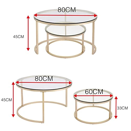 Huuryoudo Lot de 2 Tables Basses en Verre doré avec Structure en métal - Table d'appoint Ronde pour Balcon, canapé, Table avec Petite Table de Salon, Plateau en Verre doré