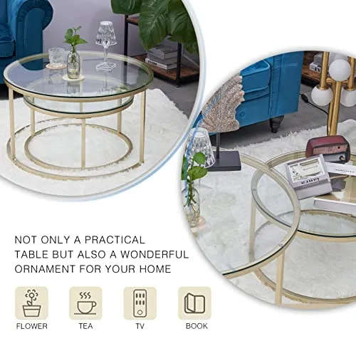 Huuryoudo Lot de 2 Tables Basses en Verre doré avec Structure en métal - Table d'appoint Ronde pour Balcon, canapé, Table avec Petite Table de Salon, Plateau en Verre doré