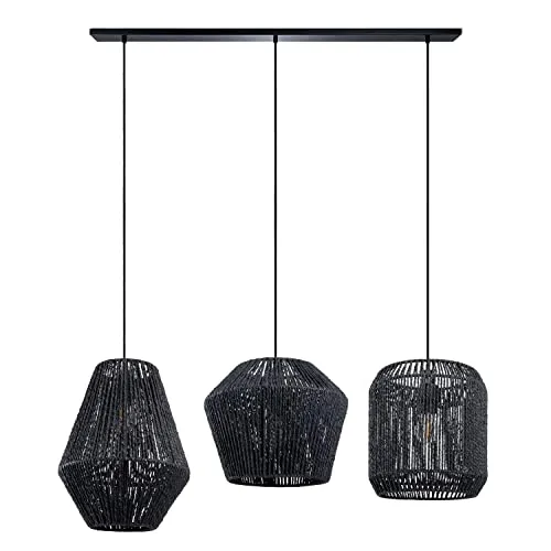 Paco Home Suspension Table À Manger Osier Boho Lampe Suspendue Salle À Manger E27 Rotin Papier, Couleur: Noir (Ø28 + Ø30 + Ø33cm), Type de luminaire_Couleur: Lampe à suspension - Noir