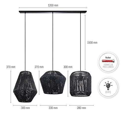 Paco Home Suspension Table À Manger Osier Boho Lampe Suspendue Salle À Manger E27 Rotin Papier, Couleur: Noir (Ø28 + Ø30 + Ø33cm), Type de luminaire_Couleur: Lampe à suspension - Noir