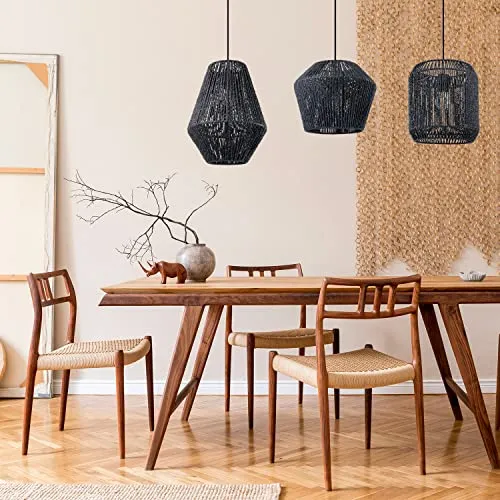 Paco Home Suspension Table À Manger Osier Boho Lampe Suspendue Salle À Manger E27 Rotin Papier, Couleur: Noir (Ø28 + Ø30 + Ø33cm), Type de luminaire_Couleur: Lampe à suspension - Noir
