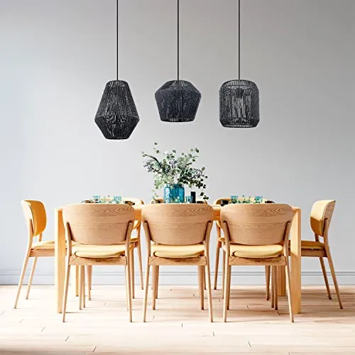Paco Home Suspension Table À Manger Osier Boho Lampe Suspendue Salle À Manger E27 Rotin Papier, Couleur: Noir (Ø28 + Ø30 + Ø33cm), Type de luminaire_Couleur: Lampe à suspension - Noir