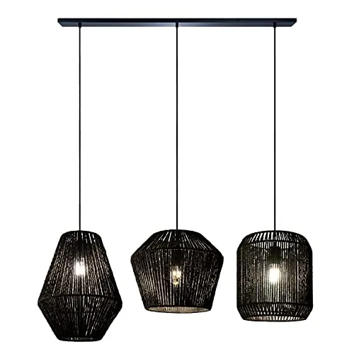 Paco Home Suspension Table À Manger Osier Boho Lampe Suspendue Salle À Manger E27 Rotin Papier, Couleur: Noir (Ø28 + Ø30 + Ø33cm), Type de luminaire_Couleur: Lampe à suspension - Noir