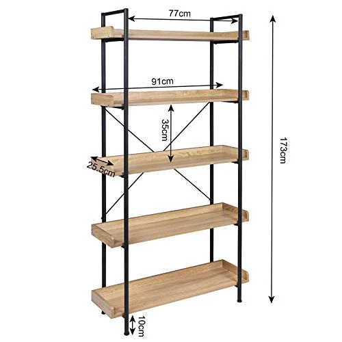 WOLTU Étagère de Rangement Bibliothèque en Bois et Métal à 5 Niveaux, Style Industriel 91x25,5x173 cm, Noir+ Chêne Clair RGB12hei