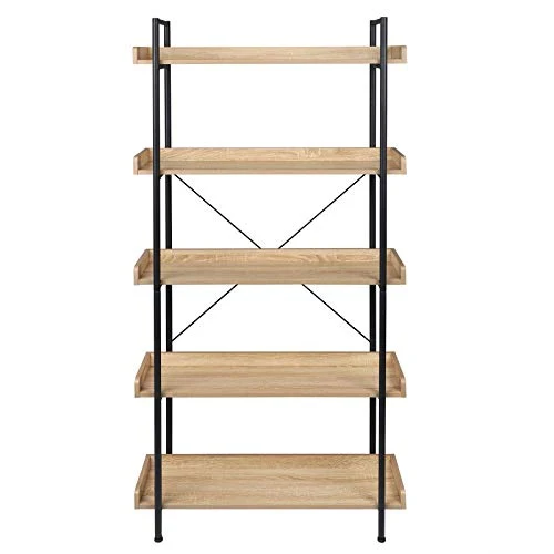 WOLTU Étagère de Rangement Bibliothèque en Bois et Métal à 5 Niveaux, Style Industriel 91x25,5x173 cm, Noir+ Chêne Clair RGB12hei