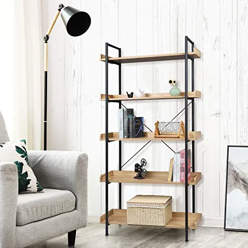 WOLTU Étagère de Rangement Bibliothèque en Bois et Métal à 5 Niveaux, Style Industriel 91x25,5x173 cm, Noir+ Chêne Clair RGB12hei