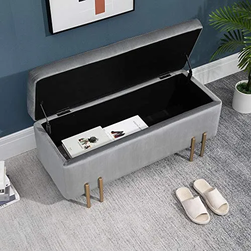 HOMCOM Grand Pouf Coffre de Rangement Design Contemporain- Banc avec Espace de Rangement - dim. 100L x 40l x 42H cm - Velours Gris Clair piètement métal doré