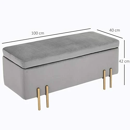 HOMCOM Grand Pouf Coffre de Rangement Design Contemporain- Banc avec Espace de Rangement - dim. 100L x 40l x 42H cm - Velours Gris Clair piètement métal doré