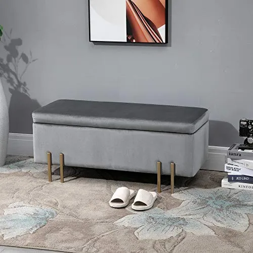 HOMCOM Grand Pouf Coffre de Rangement Design Contemporain- Banc avec Espace de Rangement - dim. 100L x 40l x 42H cm - Velours Gris Clair piètement métal doré