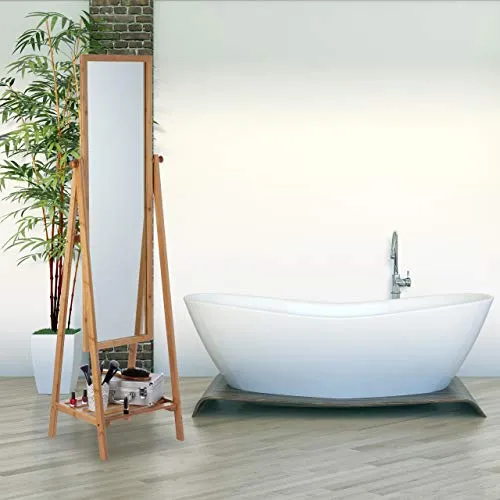 Relaxdays Miroir sur pied en bambou avec plateau de rangement Naturel 160 x 40 x 36 cm