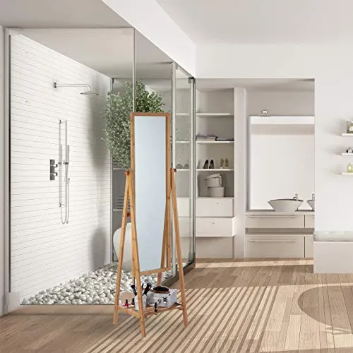 Relaxdays Miroir sur pied en bambou avec plateau de rangement Naturel 160 x 40 x 36 cm