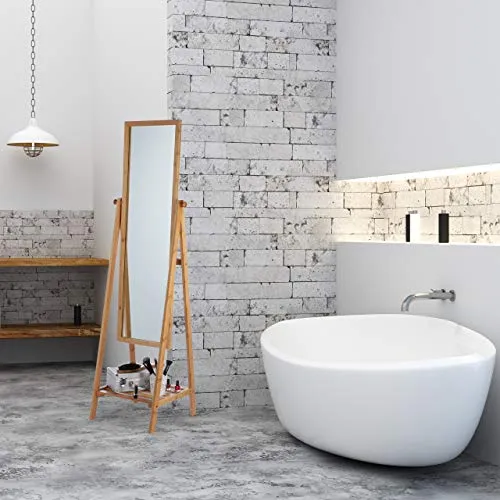Relaxdays Miroir sur pied en bambou avec plateau de rangement Naturel 160 x 40 x 36 cm