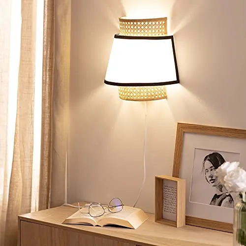 LEDKIA LIGHTING Applique Murale Rotin Marya 290x150x300 mm Naturel E14 Rotin, Textile, Métal pour Décoration Salon, Chambre, Cuisine