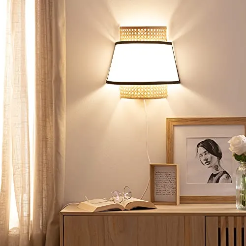LEDKIA LIGHTING Applique Murale Rotin Marya 290x150x300 mm Naturel E14 Rotin, Textile, Métal pour Décoration Salon, Chambre, Cuisine