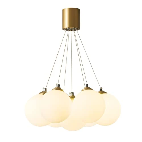 Plafonnier Éclair de pendentif en grappes de globe du milieu du siècle for îlot de cuisine, lustre en laiton moderne salle à manger suspendue, lumière de la conception de ballon en verre blanc 4 lustr