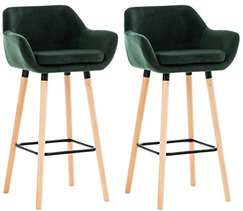 Lot De 2 Tabourets De Bar Grant en Velours I Chaise Haute De Bar Et De Cuisine I Assise Et Dossier Rembourrés I Empiétement en Bois, Couleur:Vert