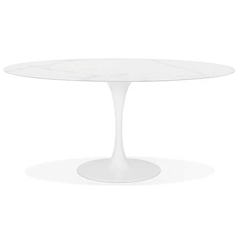 Alterego Table à Manger Design 'CHAMAN' Ovale Blanche en Verre Effet marbre - 160x105 cm