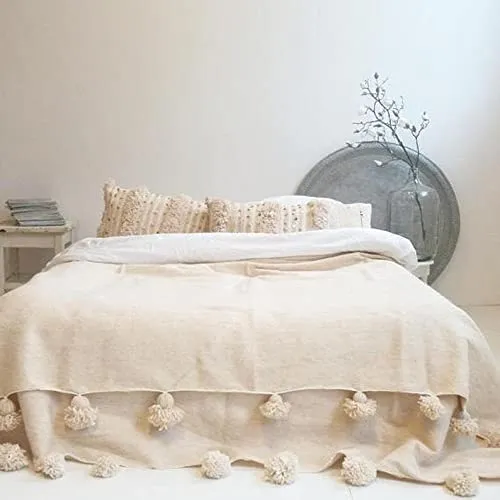 Couverture marocaine à pompons en coton tissé à la main pour lit king size (XL – 238,8 x 299,7 cm)