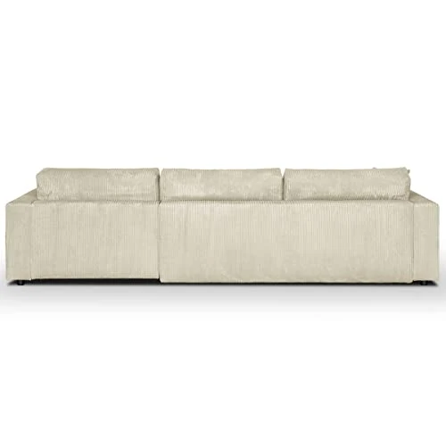 HOMIFAB Canapé d'angle Droit Convertible 5 Places en Velours côtelé Beige avec Coffre de Rangement - Collection Robin
