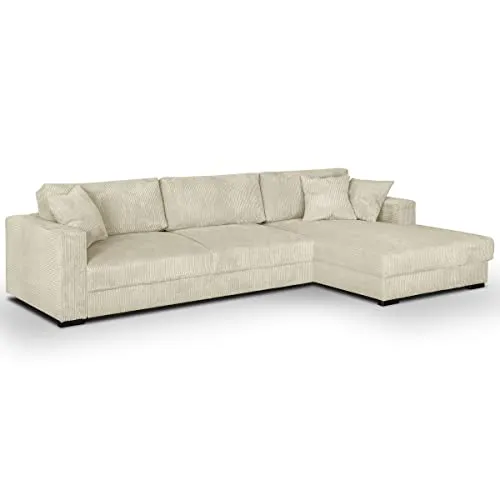 HOMIFAB Canapé d'angle Droit Convertible 5 Places en Velours côtelé Beige avec Coffre de Rangement - Collection Robin