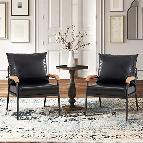 CLIPOP Fauteuil rétro Moderne avec Cadre en métal et Coussin en Cuir synthétique pour Salon, Chambre à Coucher, Salon (Noir)