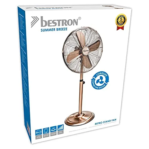 Bestron Ventilateur Sur Pied avec Trois Niveaux de Vitesse, Ventilateur avec Fonction Oscillation à 90° & Hauteur Réglable Jusqu'à 127 Cm, Ø 45 Cm, 50 Watts, Dfs45Sco, Couleur: Cuivre