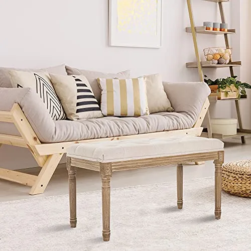 XRHOM Banc Banquette Rembourrée en Tissu Bois Massif Banc Capitonné de Salon Banquette de Salle de Séjour Meuble de Couloir Piano Maison Intérieur Lin 80x40x46cm, Beige