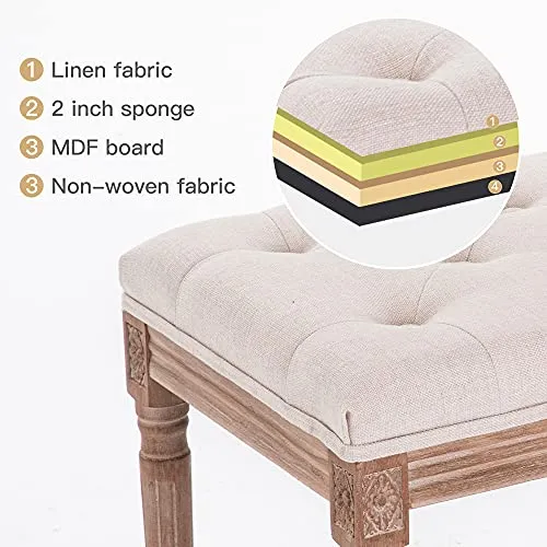 XRHOM Banc Banquette Rembourrée en Tissu Bois Massif Banc Capitonné de Salon Banquette de Salle de Séjour Meuble de Couloir Piano Maison Intérieur Lin 80x40x46cm, Beige