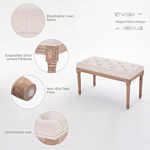 XRHOM Banc Banquette Rembourrée en Tissu Bois Massif Banc Capitonné de Salon Banquette de Salle de Séjour Meuble de Couloir Piano Maison Intérieur Lin 80x40x46cm, Beige