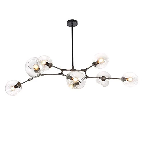 CCSUN 160cm Boule En Verre Ramification Lustre,E27 Spoutnik Lustre Hauteur Réglable,Créatif 7 Lumières Moderne Globe Suspension Luminaire,Verre Soufflé Métal Luminaire Transparent Noir 7-lumières