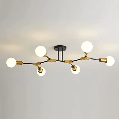 Sputnik Lustre, Lustre Nordique Noir et Doré Mid Century, suspension à base E27, plafonnier semi-encastré pour salon, chambre à coucher, couloir et cuisine. (6 Luminaire)