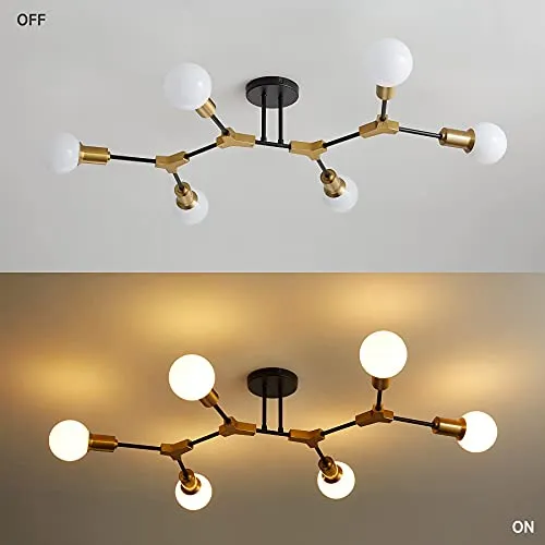 Sputnik Lustre, Lustre Nordique Noir et Doré Mid Century, suspension à base E27, plafonnier semi-encastré pour salon, chambre à coucher, couloir et cuisine. (6 Luminaire)
