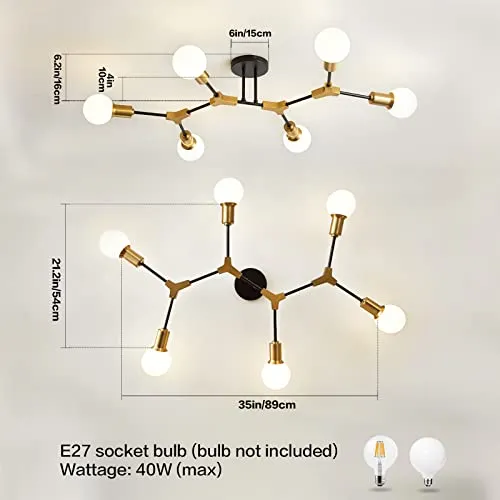 Sputnik Lustre, Lustre Nordique Noir et Doré Mid Century, suspension à base E27, plafonnier semi-encastré pour salon, chambre à coucher, couloir et cuisine. (6 Luminaire)