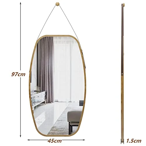sogesfurniture Grand Miroir Mural Rectangulaire Miroir Suspendu Miroir Porte Miroir Rectangle Salle de Bain Deco Murale Salon Décoration Murale Design avec Sangle en Cuir Réglable 99x44.5x1.5cm
