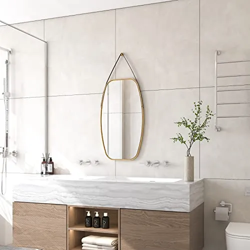 sogesfurniture Grand Miroir Mural Rectangulaire Miroir Suspendu Miroir Porte Miroir Rectangle Salle de Bain Deco Murale Salon Décoration Murale Design avec Sangle en Cuir Réglable 99x44.5x1.5cm