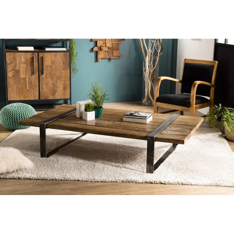 MACABANE LEONCE - Table Basse Multi-Planches Marron Bois Massif cerclée métal Gris Anthracite