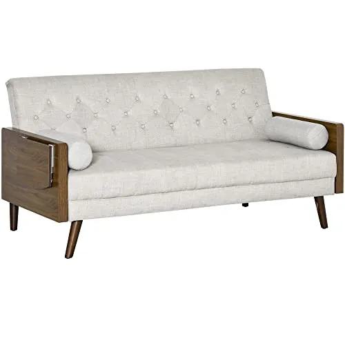 Canapé Convertible 3 Places Design scandinave Dossier inclinable 3 Positions Tablette Rabattable 2 Coussins Inclus Pieds effilés Bois Eucalyptus fumé Tissu Coton Polyester Aspect Lin Beige