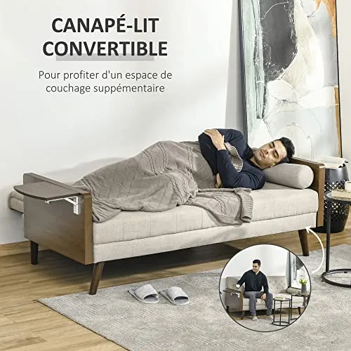Canapé Convertible 3 Places Design scandinave Dossier inclinable 3 Positions Tablette Rabattable 2 Coussins Inclus Pieds effilés Bois Eucalyptus fumé Tissu Coton Polyester Aspect Lin Beige