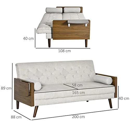 Canapé Convertible 3 Places Design scandinave Dossier inclinable 3 Positions Tablette Rabattable 2 Coussins Inclus Pieds effilés Bois Eucalyptus fumé Tissu Coton Polyester Aspect Lin Beige