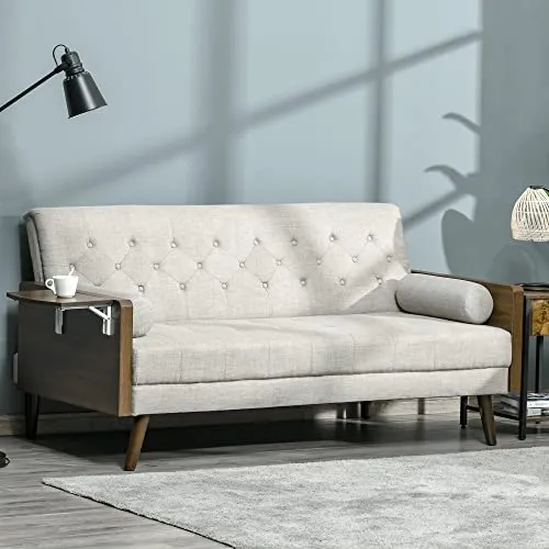Canapé Convertible 3 Places Design scandinave Dossier inclinable 3 Positions Tablette Rabattable 2 Coussins Inclus Pieds effilés Bois Eucalyptus fumé Tissu Coton Polyester Aspect Lin Beige