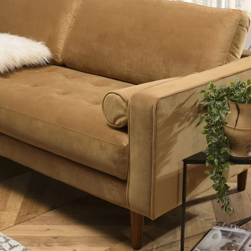 MACABANE NOE - Canapé Madrid 3 Places Tissu Couleur Camel Pieds Bois